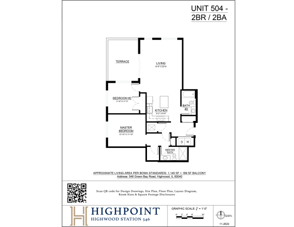 A floor plan for a 2BR/2BA unit with a living area of 145 square feet.