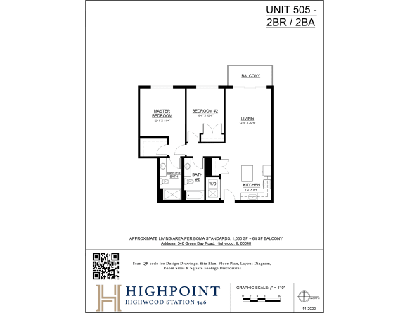 A black and white diagram of a floor plan for a 2BR/2BA unit at Highpoint Highwood Station.