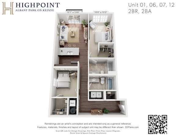 A 3D floor plan of a 2BR, 2BA apartment in Highpoint Albany Park on Kedzie.