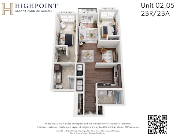 Floor Plan  A 3D floor plan of a 2BR/2BA apartment at Highpoint Albany Park on Kedzie.