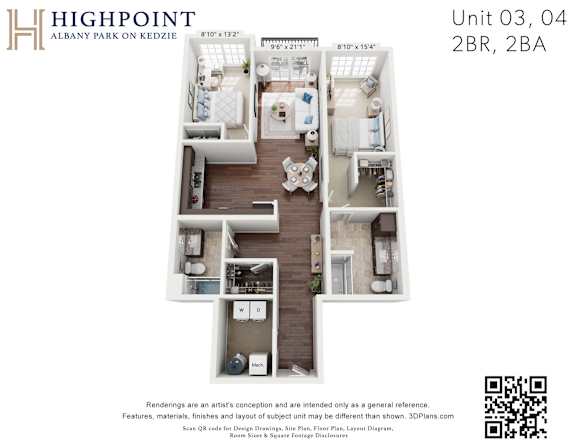 A 3D floor plan of a unit at Highpoint Albany Park on Kedzie.