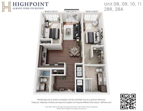 A 3D floor plan of a 2BR, 2BA apartment at Highpoint Albany Park on Kedzie.