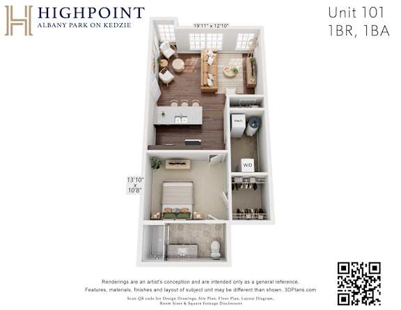 A 3D floor plan of a 1 bedroom apartment in Highpoint Albany Park on Kedzie.