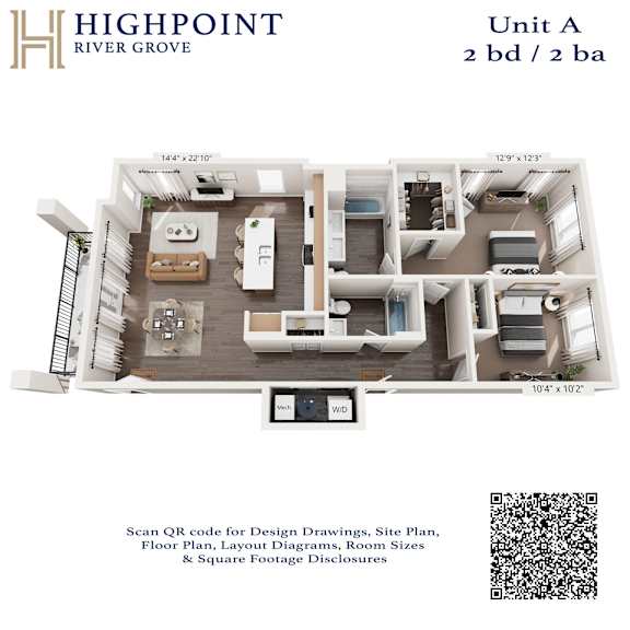 A floor plan for a 2 bedroom, 2 bathroom unit at Highpoint River Grove.