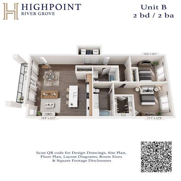 A floor plan for a 2 bedroom, 2 bathroom unit at Highpoint River Grove.