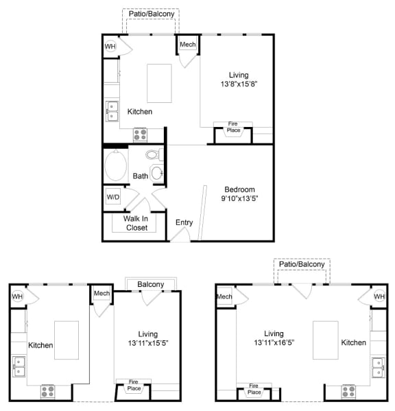 A set of four floor plans for a house with different layouts.