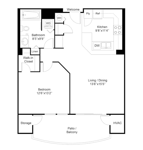 A floor plan of a home with a living room, dining room, kitchen, and bathroom.