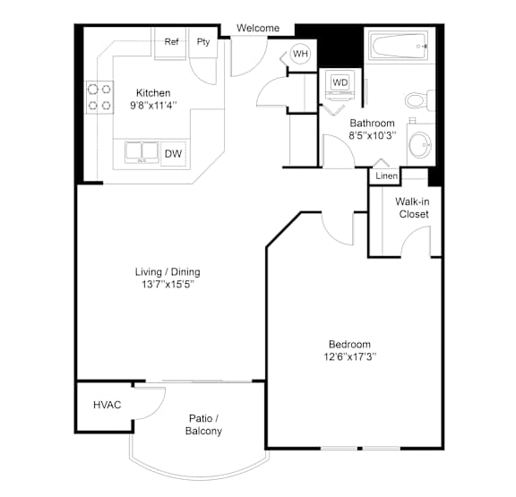 A floor plan of a house with a kitchen, living room, and bathroom.