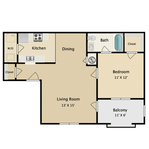 1Bed, 1Bath Floorplan