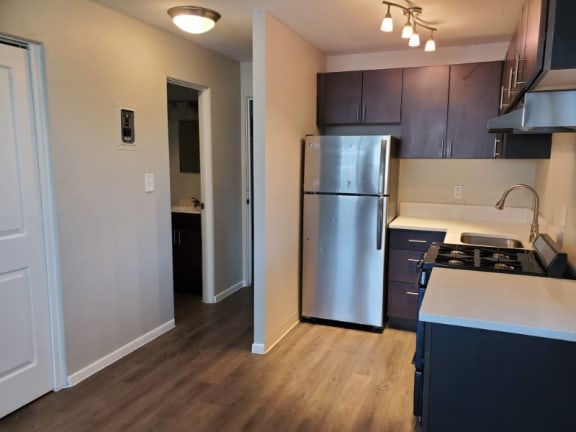 A bright, efficient kitchen setup featuring stainless steel finishes and easy access to both the main living space and hallway at 1444 Saint Paul St in Denver, CO