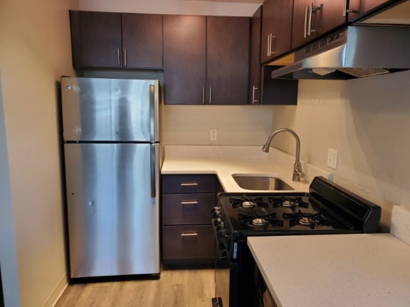 Modern galley kitchen with stainless steel appliances, sleek dark cabinetry, and clean white countertops for a stylish, functional feel at 1444 Saint Paul St in Denver, CO