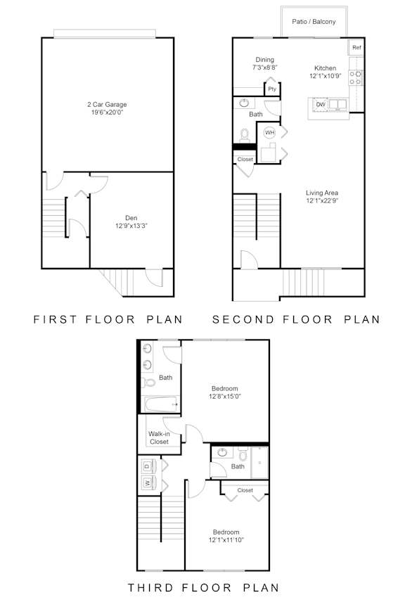 A set of three floor plans for a house with a first, second, and third floor.