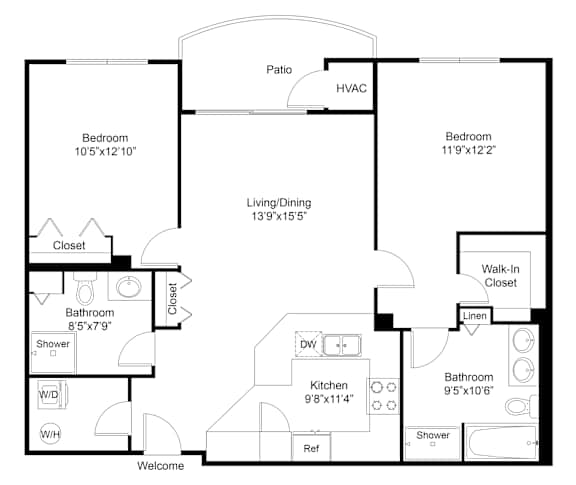 A floor plan of a home with a living room, two bedrooms, a bathroom, a kitchen, a pantry, a walk-in closet, and a reference room.
