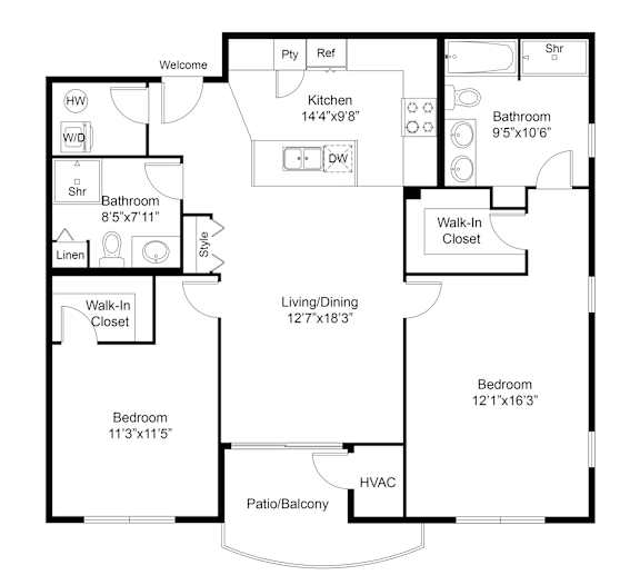 A floor plan of a house with a kitchen, bathroom, bedroom and living area.