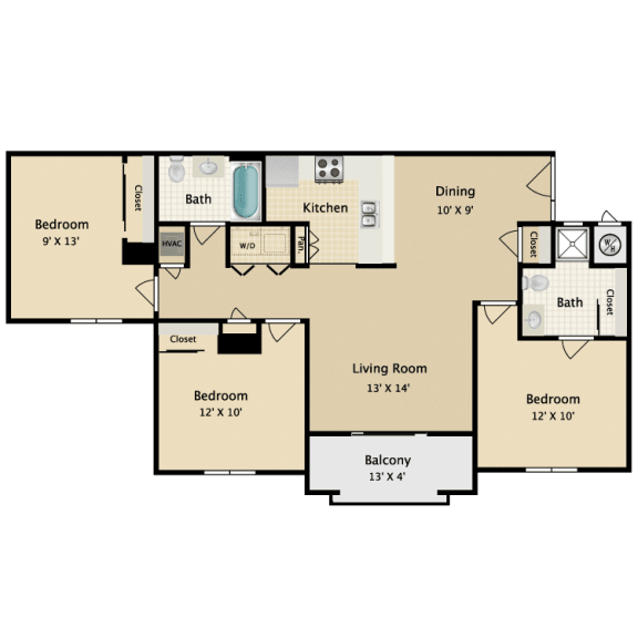 3 Bed, 2 Bath Floorplan