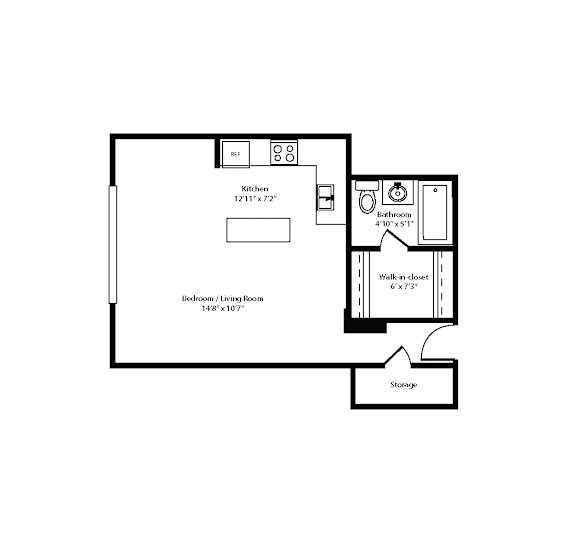 A floor plan of a small apartment with a kitchen, bathroom, bedroom, and storage.