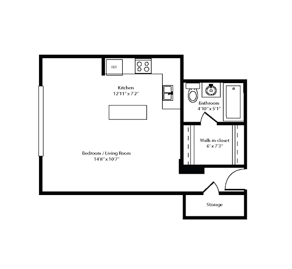 A floor plan of a small apartment with a kitchen, bathroom, bedroom, and storage.