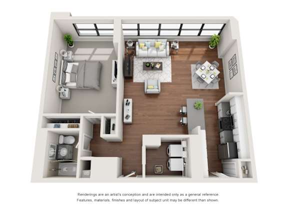 A floor plan of a small apartment with a kitchen, living room, and bedrooms.