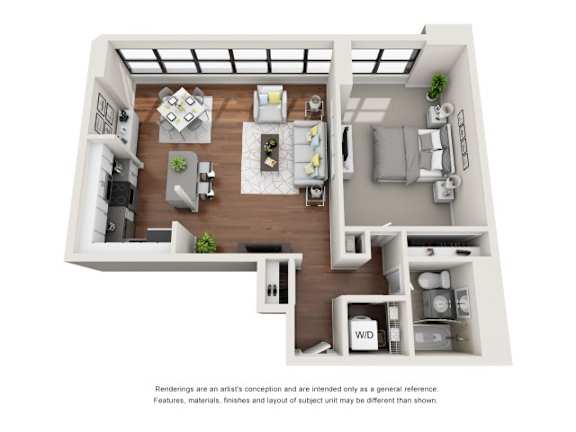 A 3D floor plan of a house with a living room, dining room, kitchen, and bedrooms.