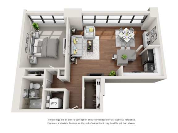 A 3D floor plan of a small apartment with a kitchen, living room, and bedroom.