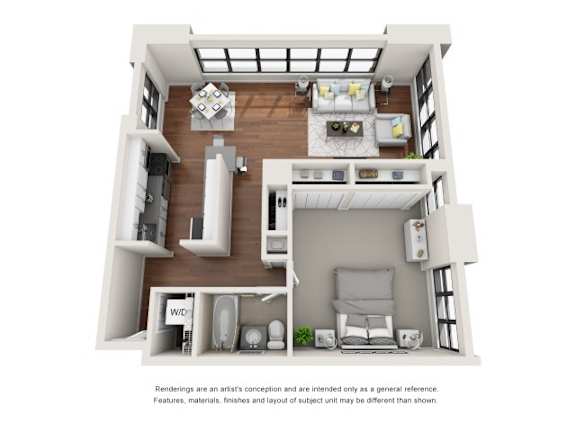 A 3D rendering of a modern apartment layout with a kitchen, living room, and bathroom.