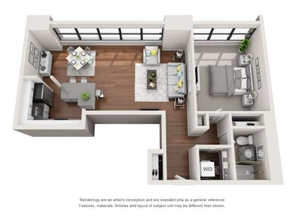 A 3D rendering of a modern apartment layout with a kitchen, living room, and bedroom.
