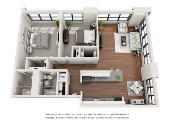 A 3D rendering of a modern, minimalist apartment layout.