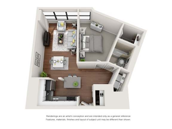 A 3D rendering of a modern apartment layout with a kitchen, living room, and bedroom.