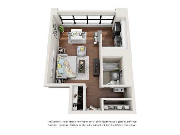 A 3D floor plan of a small apartment with a kitchen, living room, and bedroom.