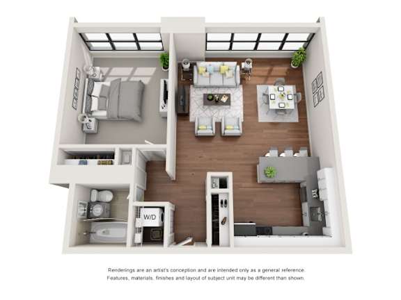 A floor plan of a two-bedroom apartment with a living room, kitchen, and bathroom.