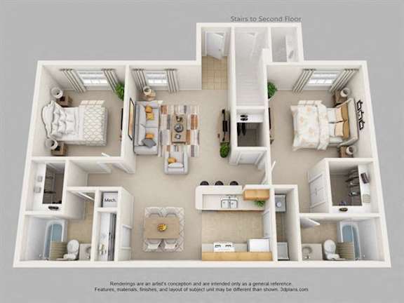 A 3D floor plan of a two-story home with stairs leading to the second floor.
