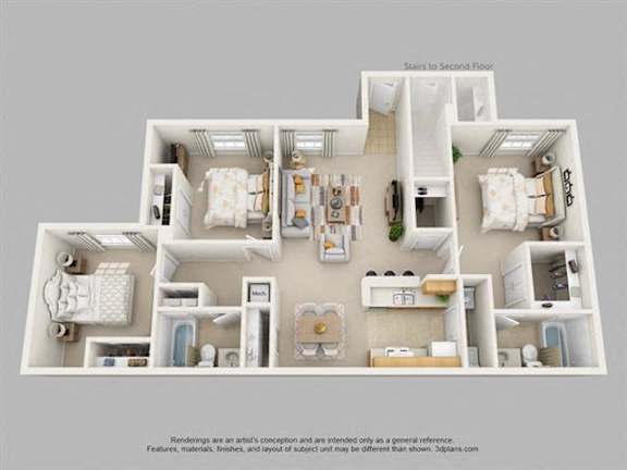 A 3D floor plan of a house with rooms labeled.