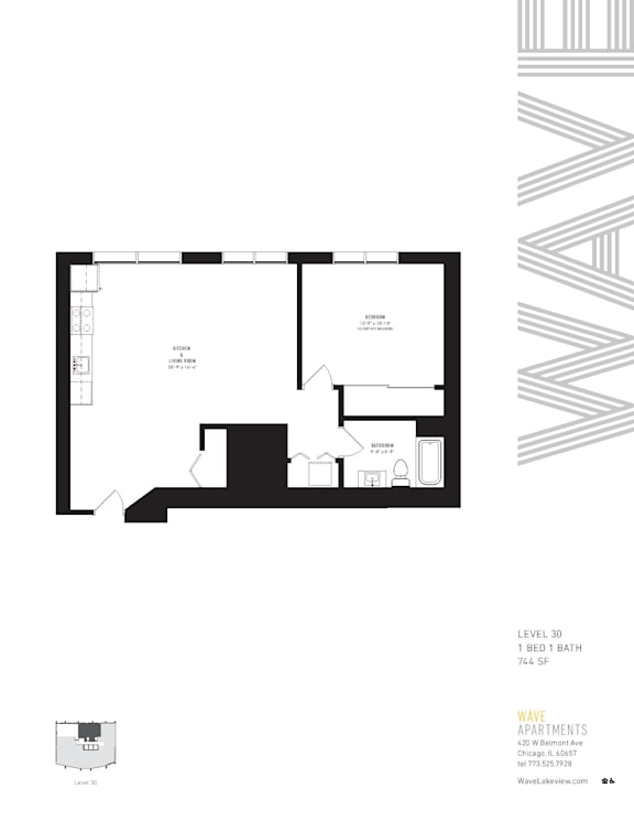 A black and white floor plan for Wave Apartments.