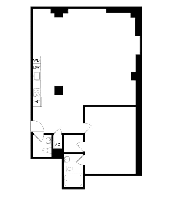 A black and white image of a floor plan with a square, a rectangle, and a circle.