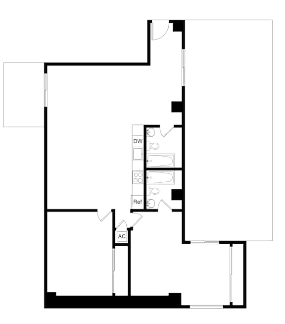A floor plan of a building with a kitchen, living room, and bathroom.