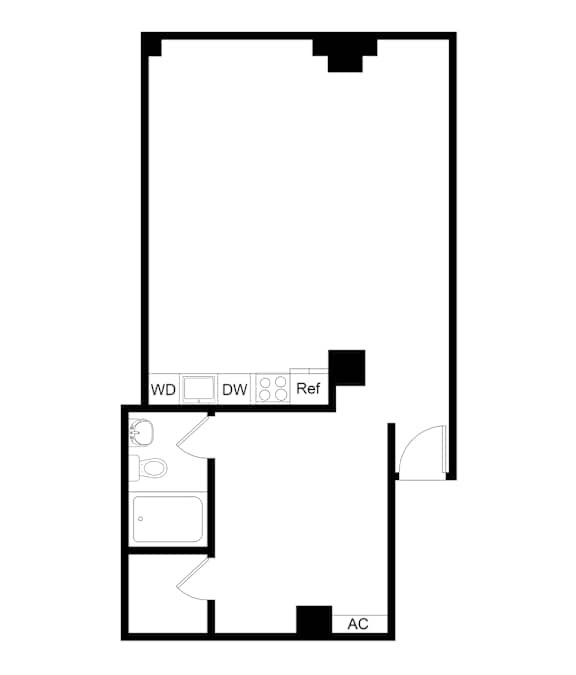 A floor plan of a room with a reference line and a door.