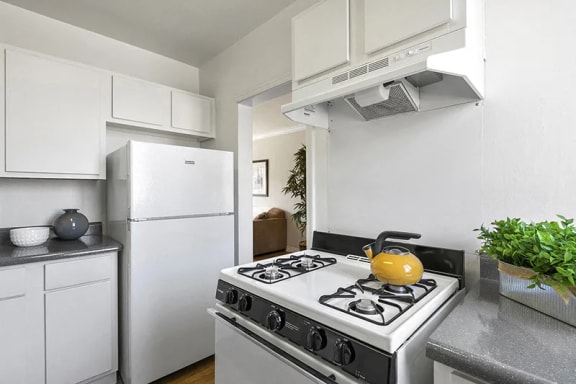 a kitchen with a stove and a white refrigerator
