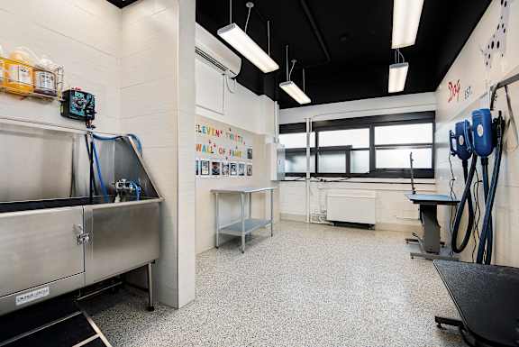 A clean, well-lit commercial kitchen with stainless steel appliances and white walls.