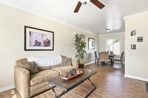 a living room with a couch and a table