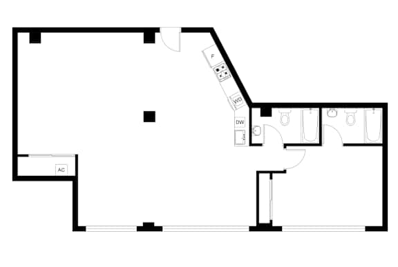 A black and white image of a floor plan with a kitchen, living room, and bathroom.