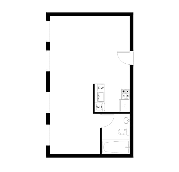 A drawing of a floor plan with a kitchen area and a bathroom.