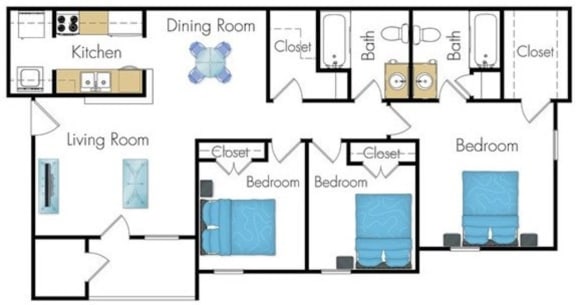 Three bedroom floor plan at Brook Ridge Apartments