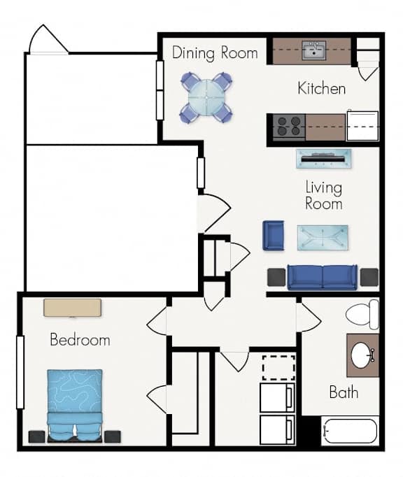 A floor plan of a house showing a bedroom, bath, living room, kitchen, and dining room.
