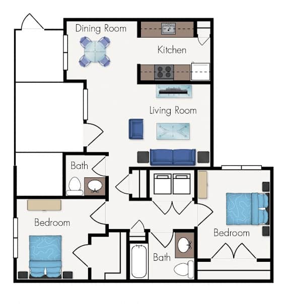 A floor plan of a house with a kitchen, two living rooms, two bathrooms, and two bedrooms.