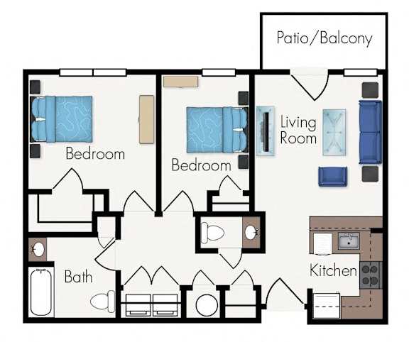 A floor plan of a house with two bedrooms, a living room, a kitchen, a bath, and a patio/balcony.