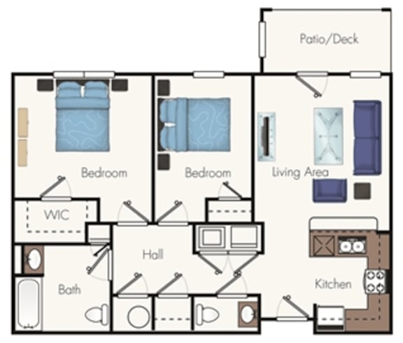 A floor plan of a house with two bedrooms, a living area, a kitchen, a bathroom, a hall, and a patio/deck.