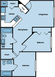 Floor Plan  A floor plan of a house with a pantry, kitchen, dining room, living room, two bedrooms, and a closet.
