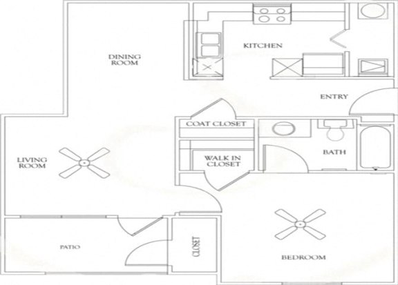 A floor plan of a house with a living room, dining room, kitchen, entry, coat closet, bath, bedroom, and pato.