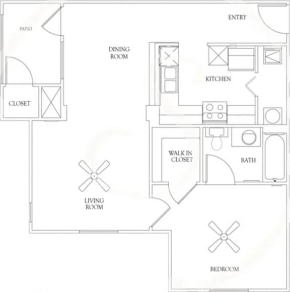 A floor plan of a house with a living room, dining room, kitchen, bath, and bedroom.