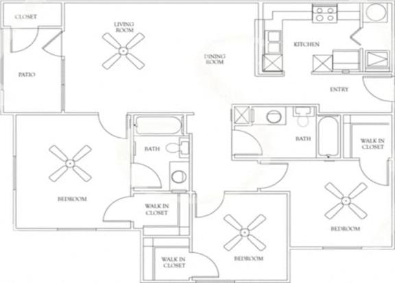 A floor plan of a house with a living room, dining room, kitchen, and four bedrooms.
